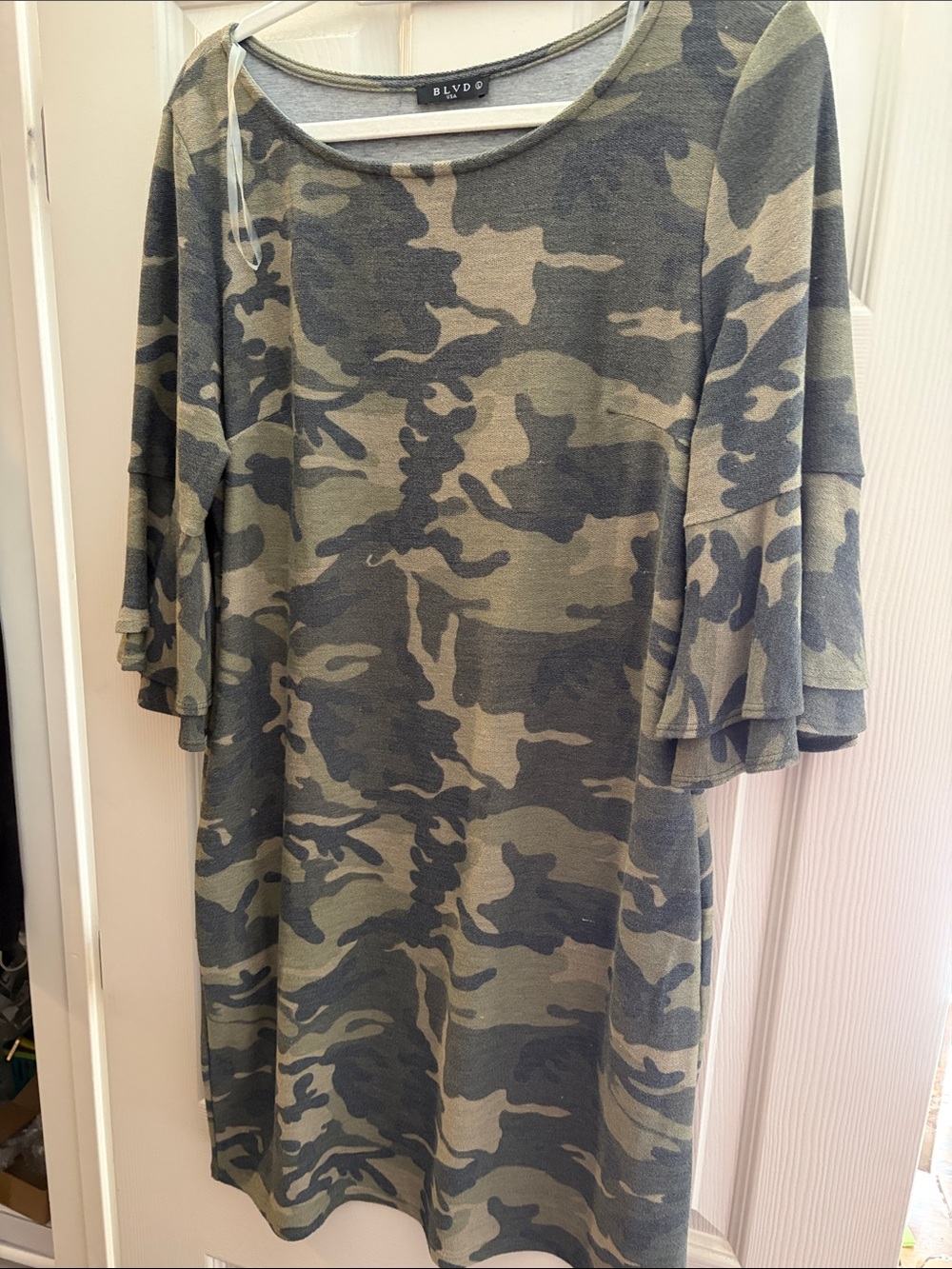 BLVD Women's Camo Short Sleeve Dress in Olive and Dark Green